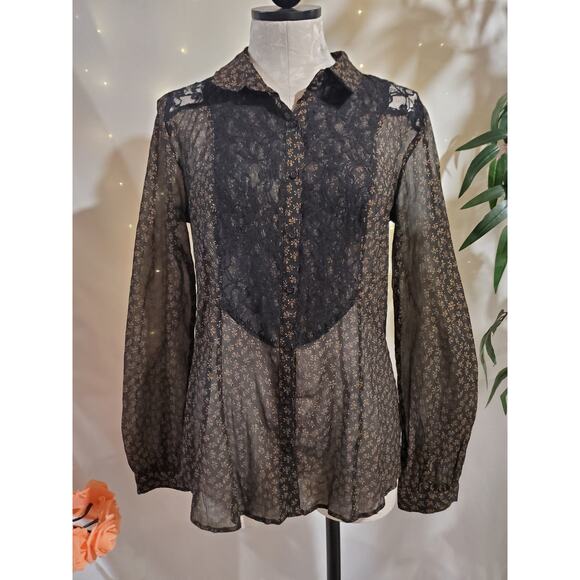 Free People All that Glitters Sheer Lace Blouse Size M Black Whimsigoth ASO TV - Picture 1 of 11